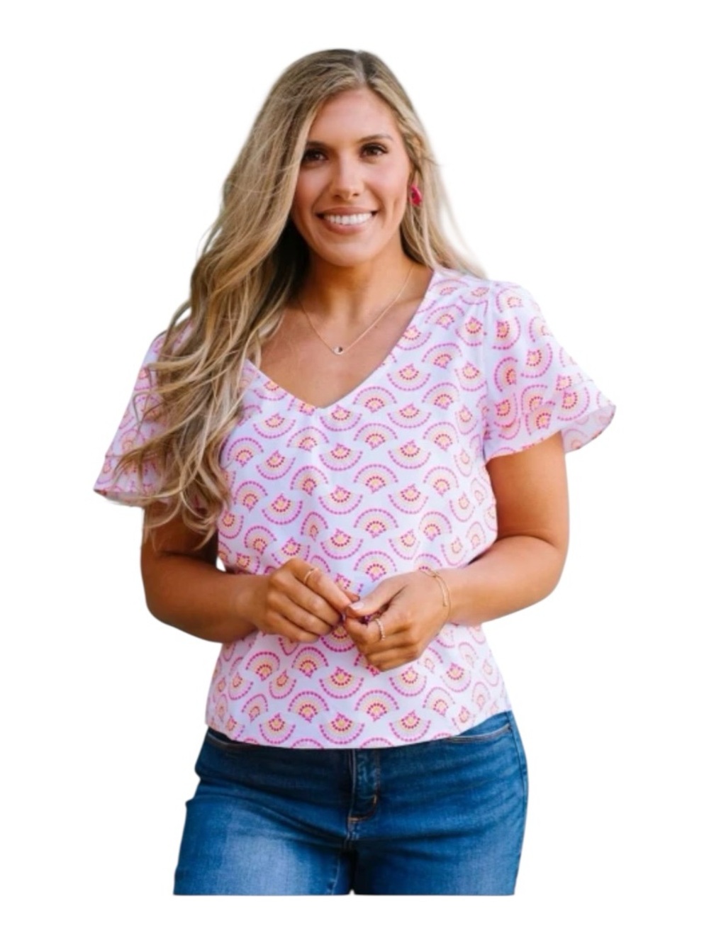 Michelle McDowell Women’s Pink Printed V-Neck Flutter Sleeve Blouse- L
